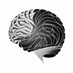 AI Generated with Midjourney: black 2d geometric illustration on white background of a synthetic brain having brilliant conversation, flat, minimal, line art