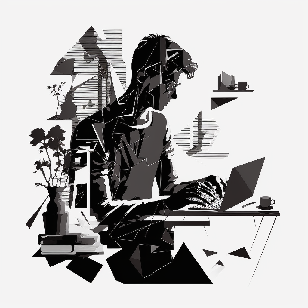 MidJourney: black 2d geometric illustration on white background of a creative writer, flat, minimal, line art