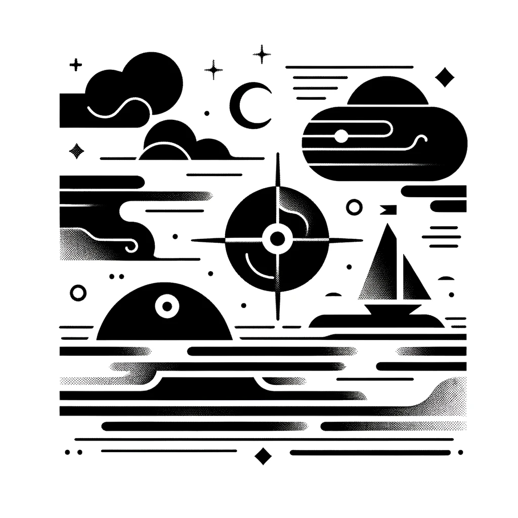 abstract, minimalistic black and white illustration to accompany your article. It visually represents the concept of charting and sailing through a Personal Knowledge Base (PKB), featuring a simple seascape with islands.