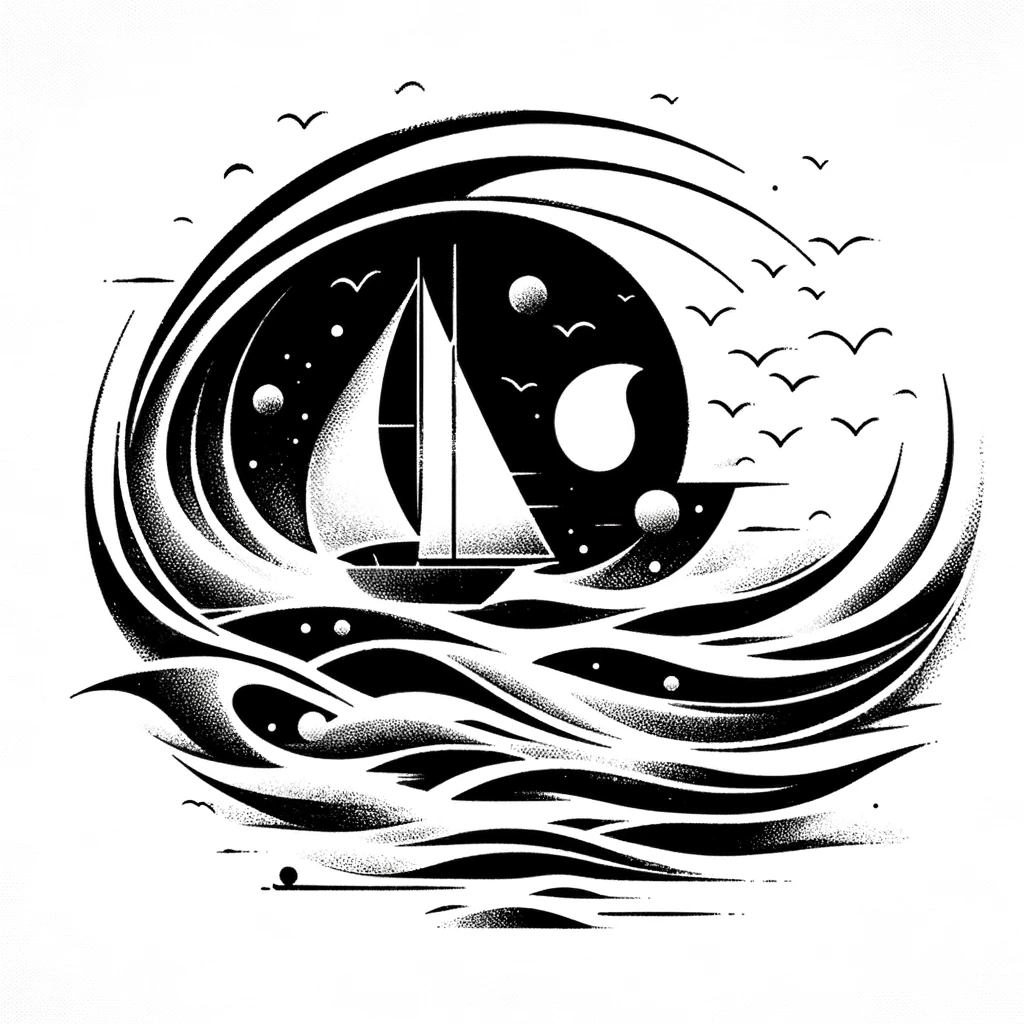 It depicts a sailing ship exploring an uncharted ocean with no fixed route, discovering various islands and paths as it goes. The sea is evident, conveying the idea of exploration, serendipity, and the spontaneous journey through a sea of ideas. The style remains simple, elegant, and abstract, yet distinctly evocative of an oceanic setting, capturing the essence of a spontaneous and exploratory approach to creative writing within the context of a sailing adventure.